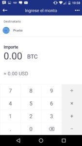 Pantalla para ingresar el número de Bitcoins a enviar en BitPay